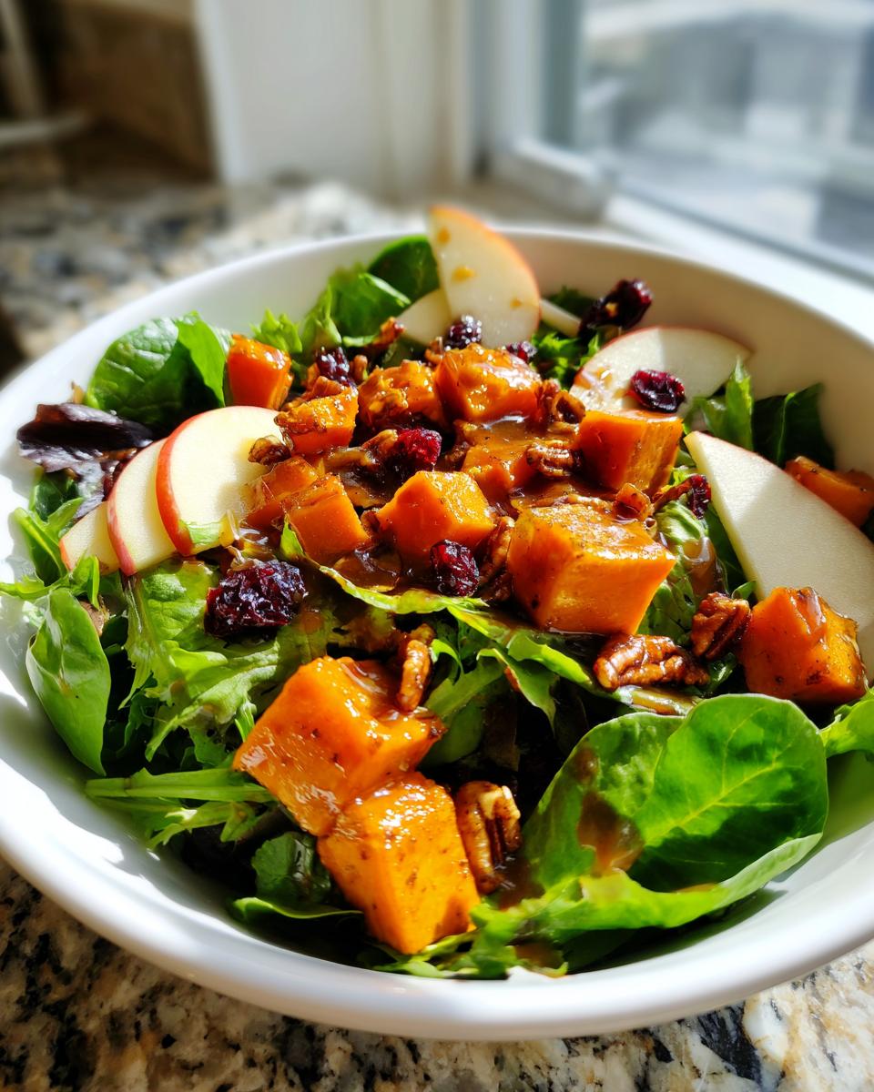 Close-up of a vibrant fall harvest salad featuring greens, roasted orange squash cubes, apple slices, pecans, and dried cranberries.