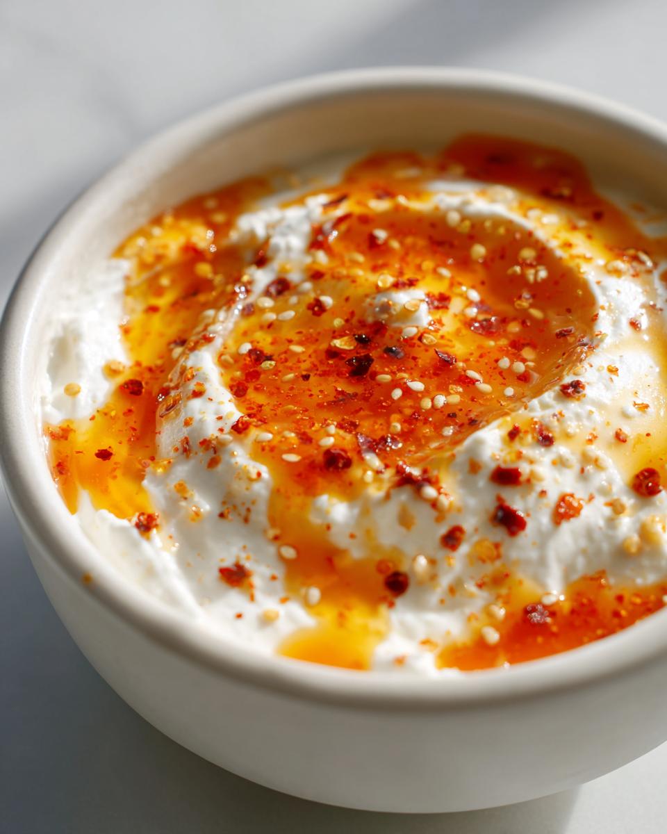 Close-up of creamy whipped ricotta dip drizzled with bright orange chili oil and sprinkled with sesame seeds.