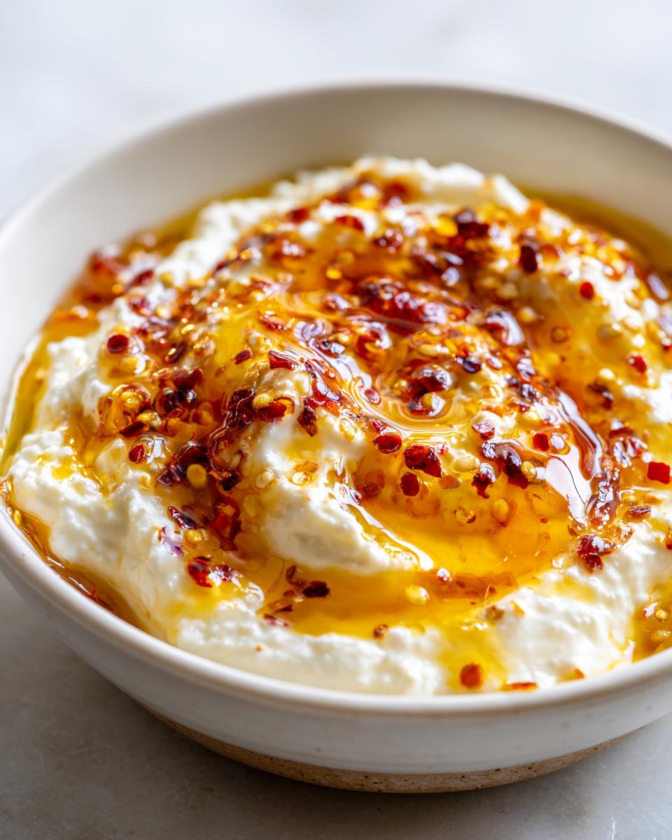 Close-up of creamy whipped ricotta dip drizzled generously with golden honey and red chili flakes.