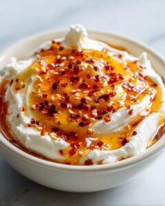 Close-up of a creamy whipped ricotta dip topped with golden honey, red chili flakes, and sesame seeds.