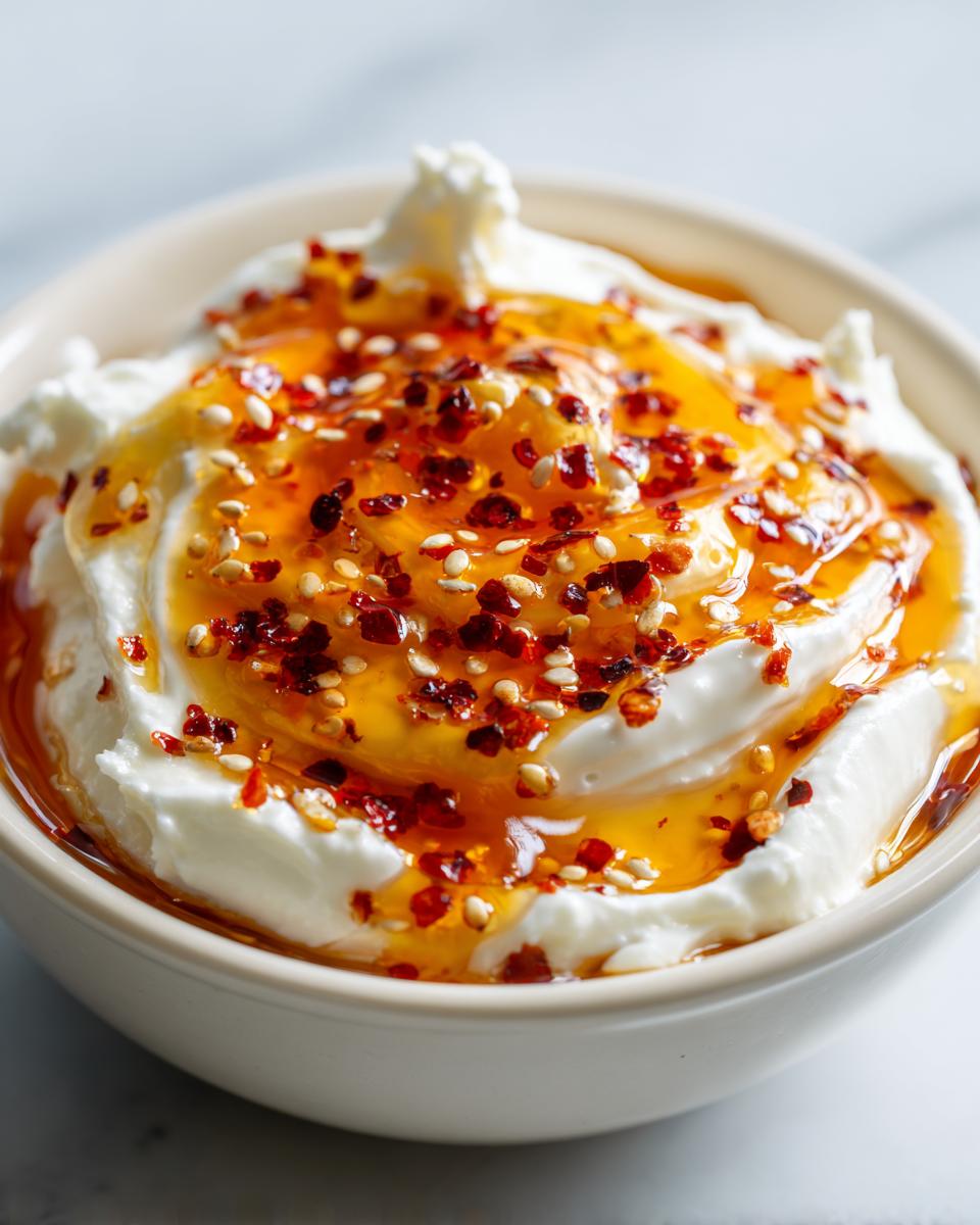 Close-up of a creamy whipped ricotta dip topped with golden honey, red chili flakes, and sesame seeds.
