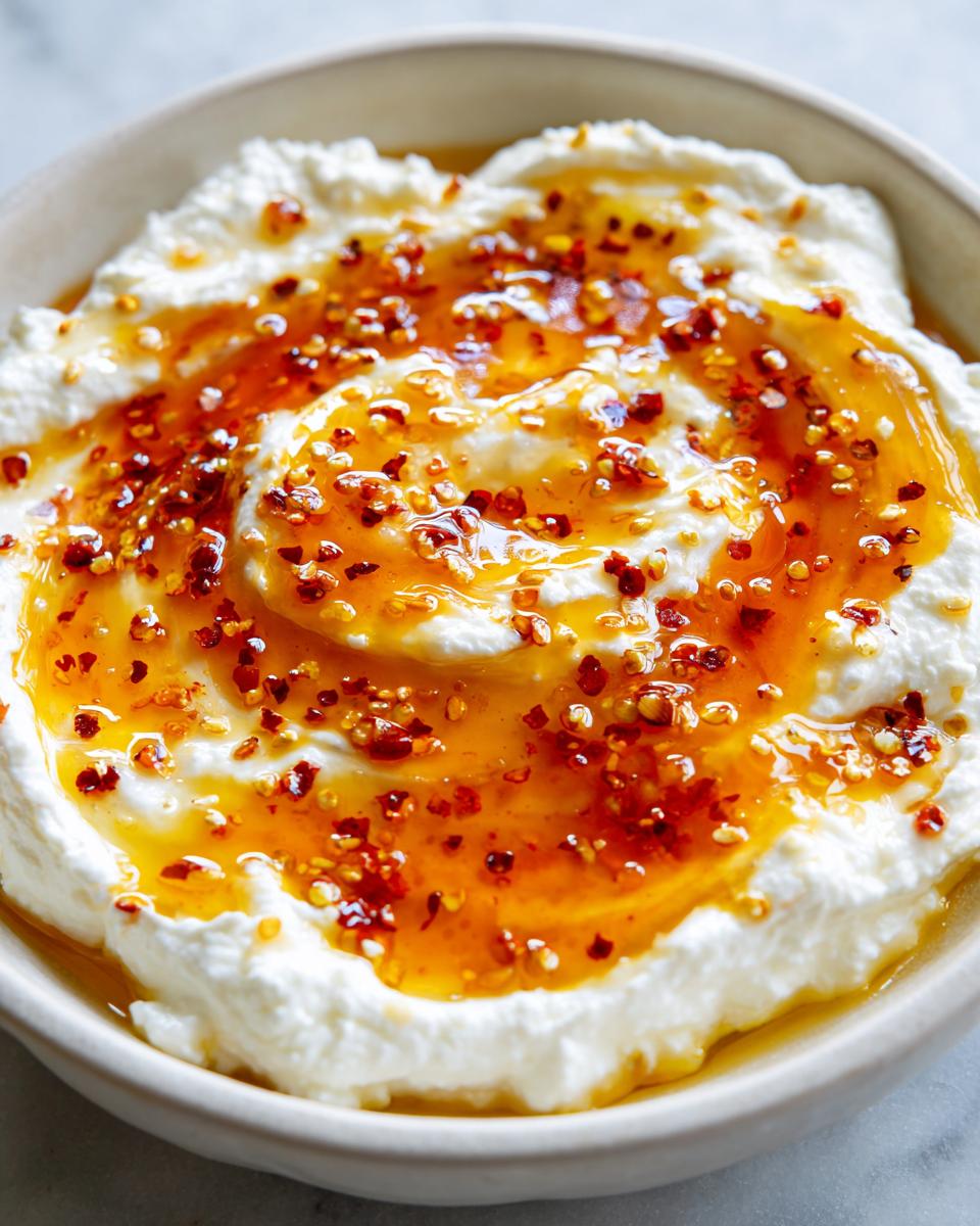Close-up of a creamy whipped ricotta dip drizzled with golden hot honey and sprinkled with red chili flakes.