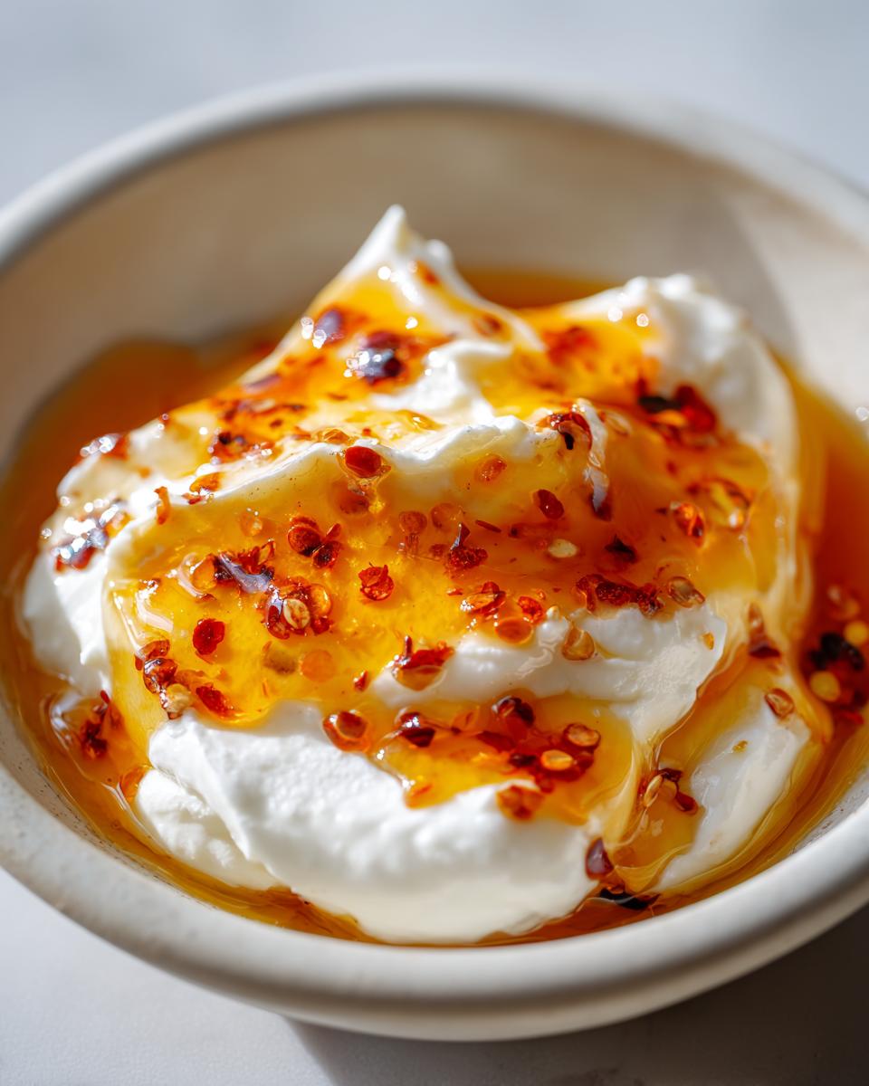 Close-up of creamy whipped ricotta dip topped with glistening hot honey and red pepper flakes.