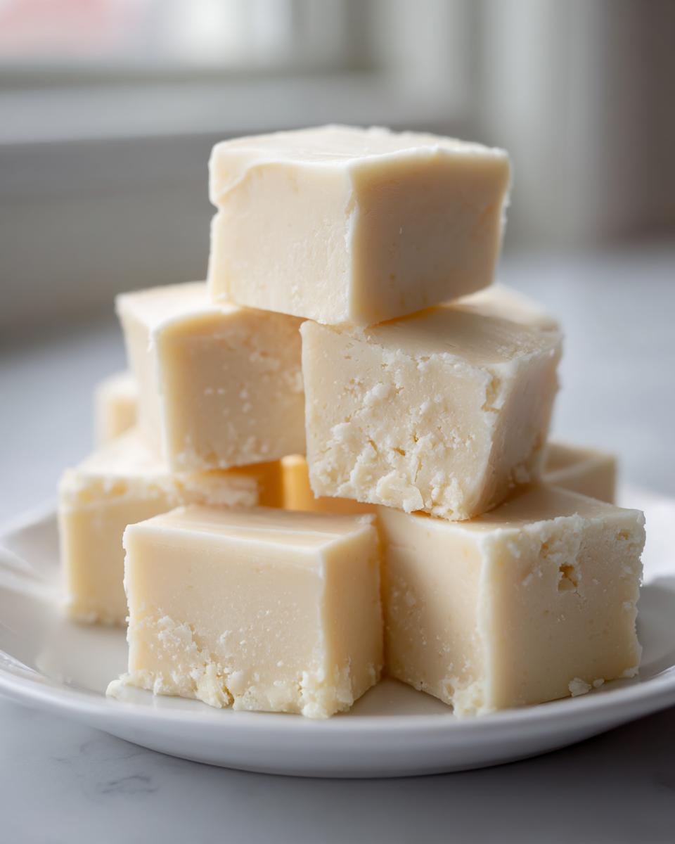 A stack of creamy, pale white chocolate fudge squares piled on a white plate.
