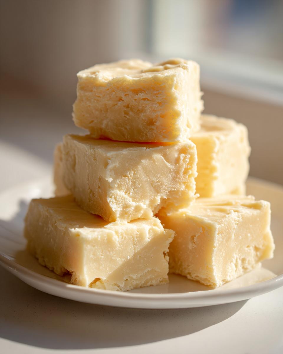 A stack of creamy, pale yellow white chocolate fudge squares resting on a white plate, beautifully lit by natural light.