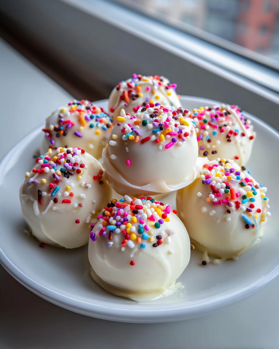 A stack of white chocolate coated sugar cookie truffles generously topped with colorful rainbow sprinkles.