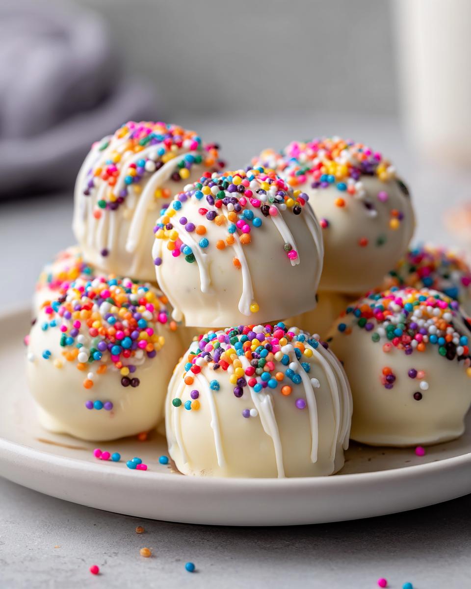 A stack of white chocolate sugar cookie truffles generously topped with colorful sprinkles and drizzled icing.