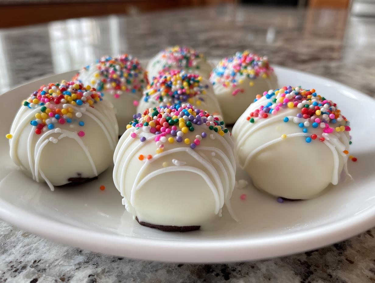 A plate of six white chocolate coated sugar cookie truffles topped with colorful sprinkles and white drizzle.