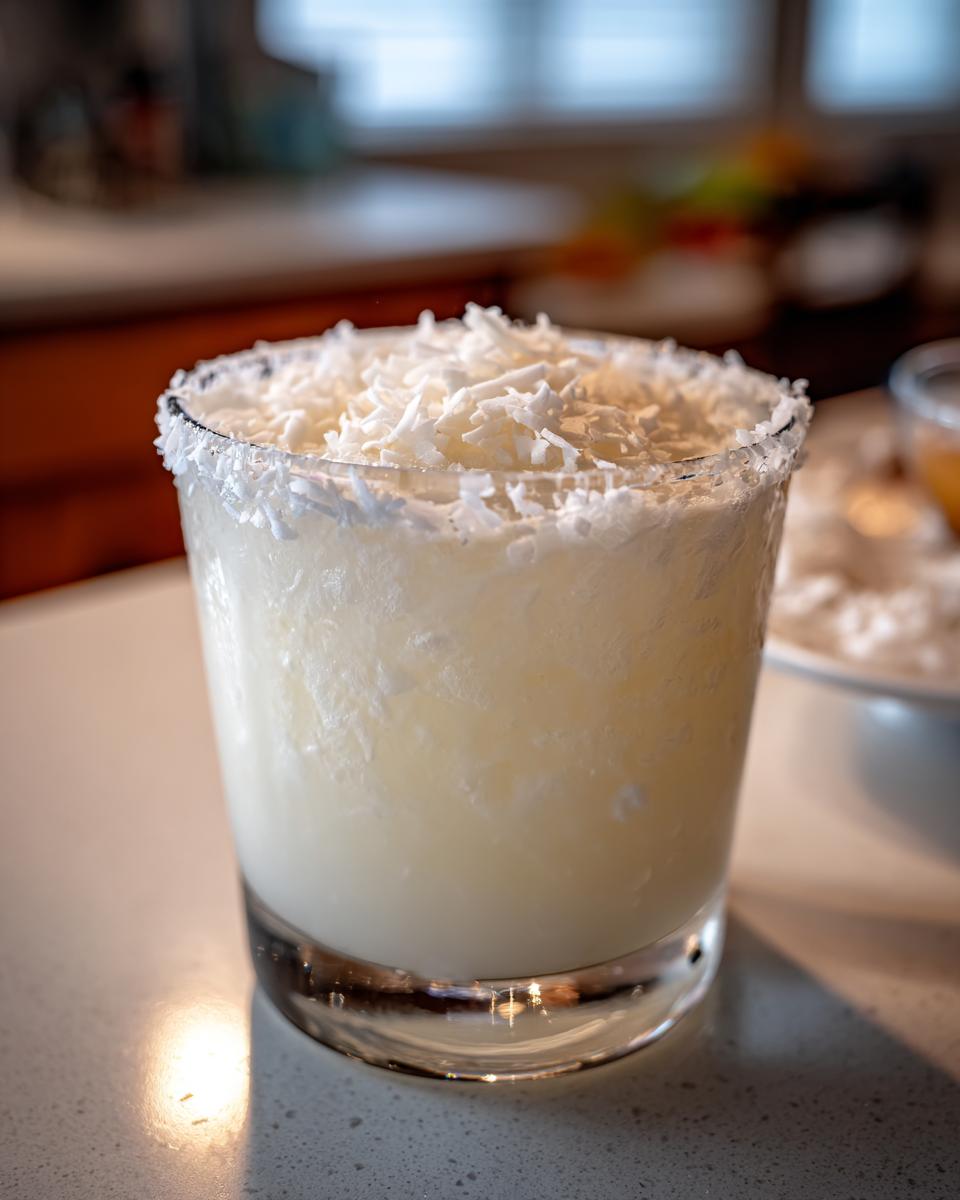 A frosty white Christmas margarita in a glass, topped generously with shredded coconut flakes.