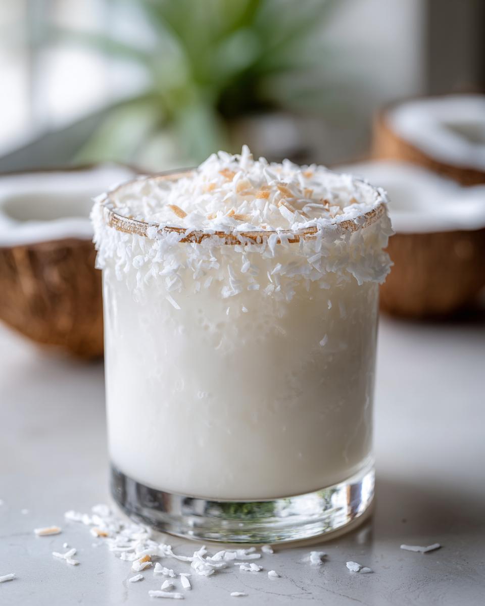 A creamy white Christmas margarita in a glass, rimmed with shredded coconut.