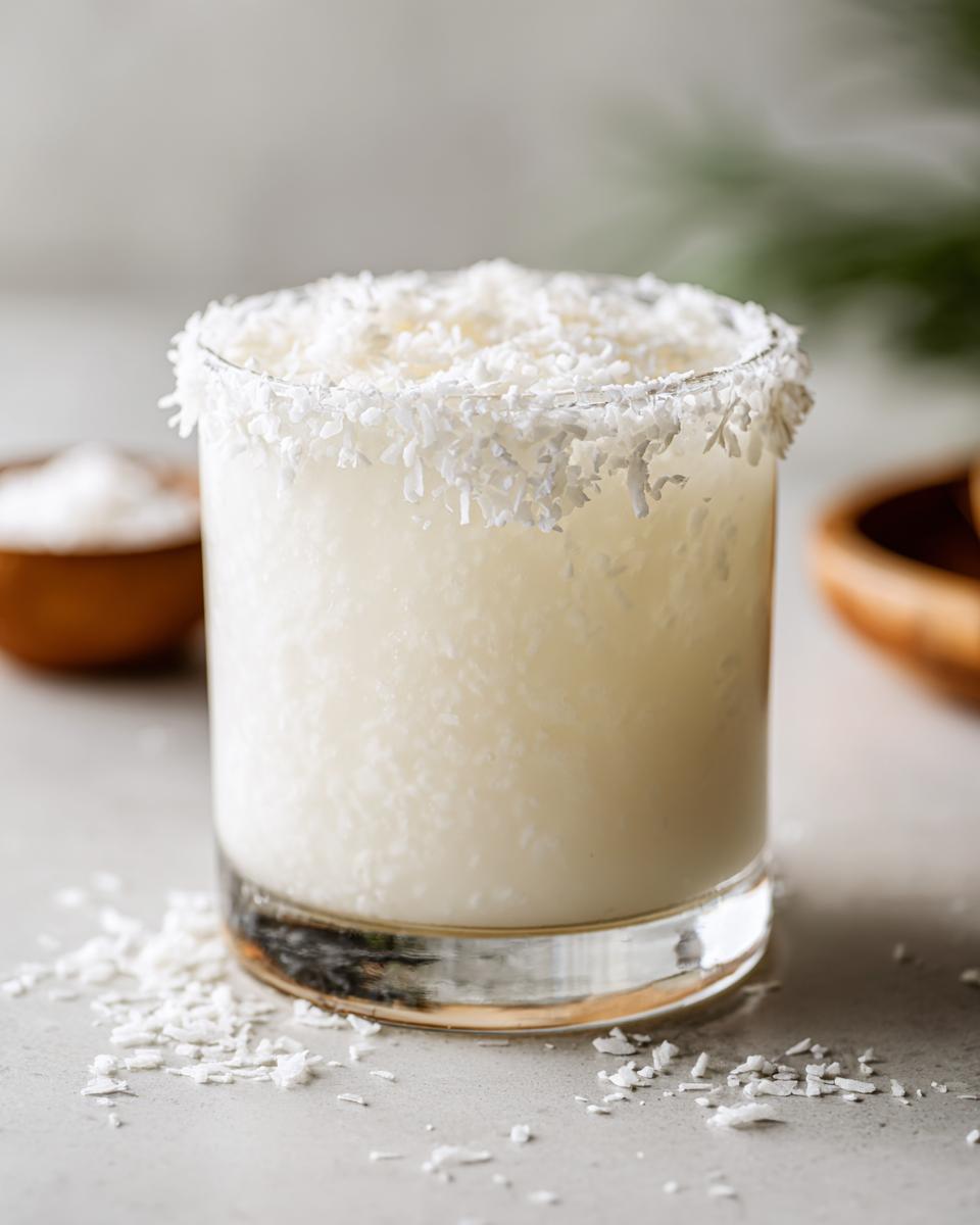 A frosty white Christmas margarita served in a rocks glass with a thick rim of shredded coconut.