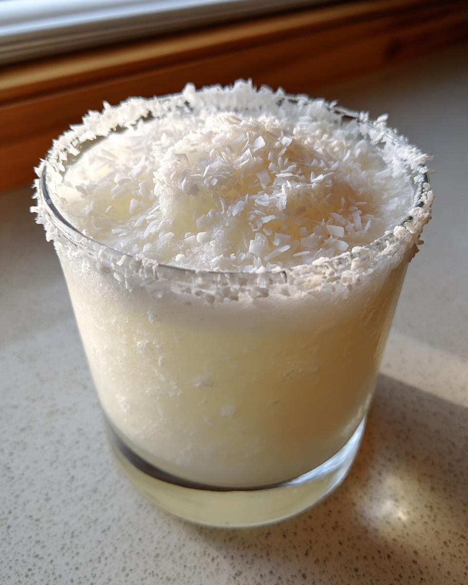 A frosty white Christmas margarita topped generously with shredded coconut flakes, served in a glass with a sugared rim.
