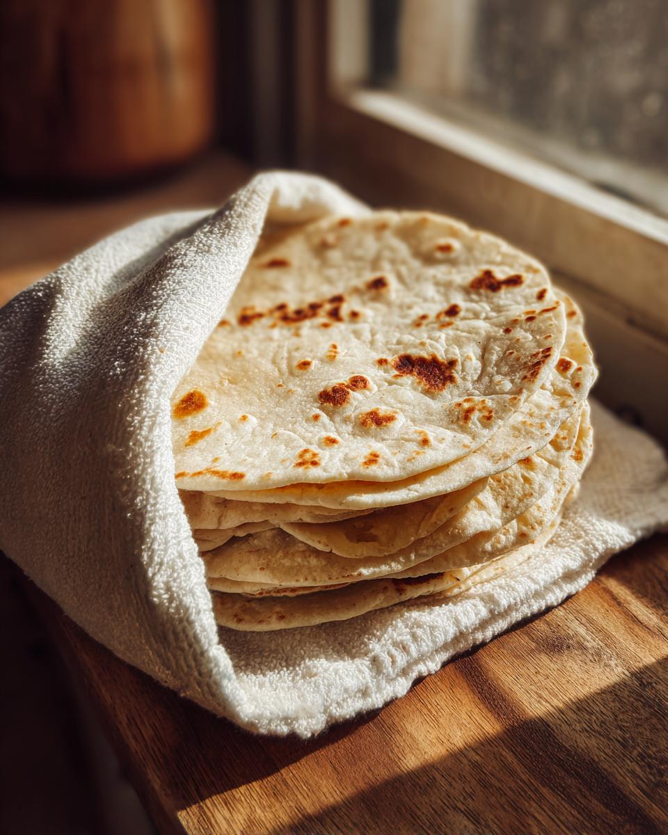 A warm stack of freshly made corn tortillas wrapped in a white cloth on a wooden surface.
