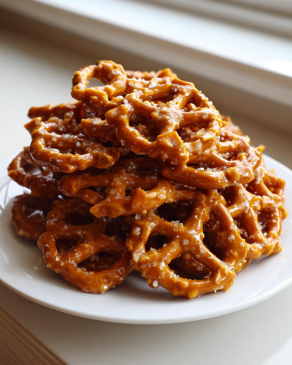 A close-up stack of crunchy, glazed toffee pretzels sprinkled with coarse sea salt.