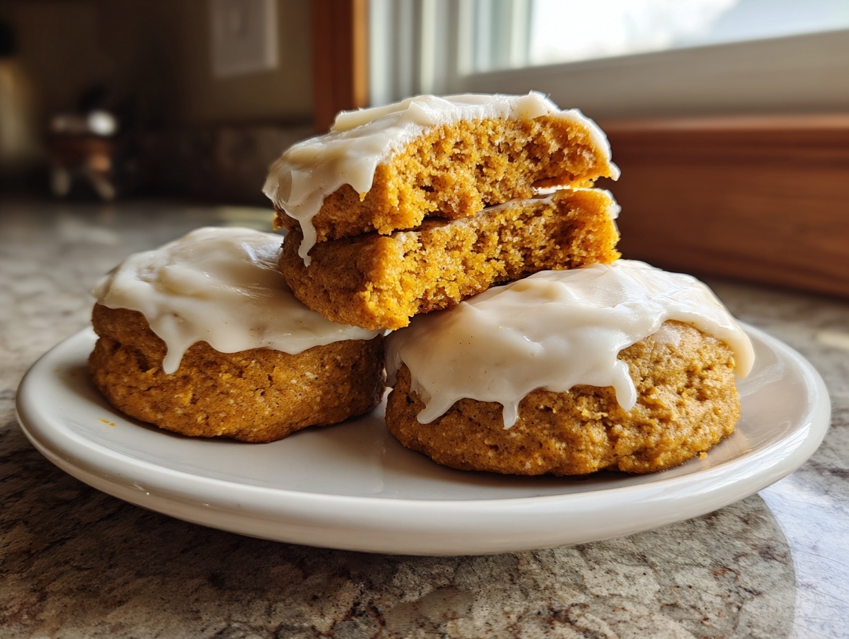 Three soft, thick pumpkin cookie treats topped with thick white glaze, one cookie split open to show the texture.