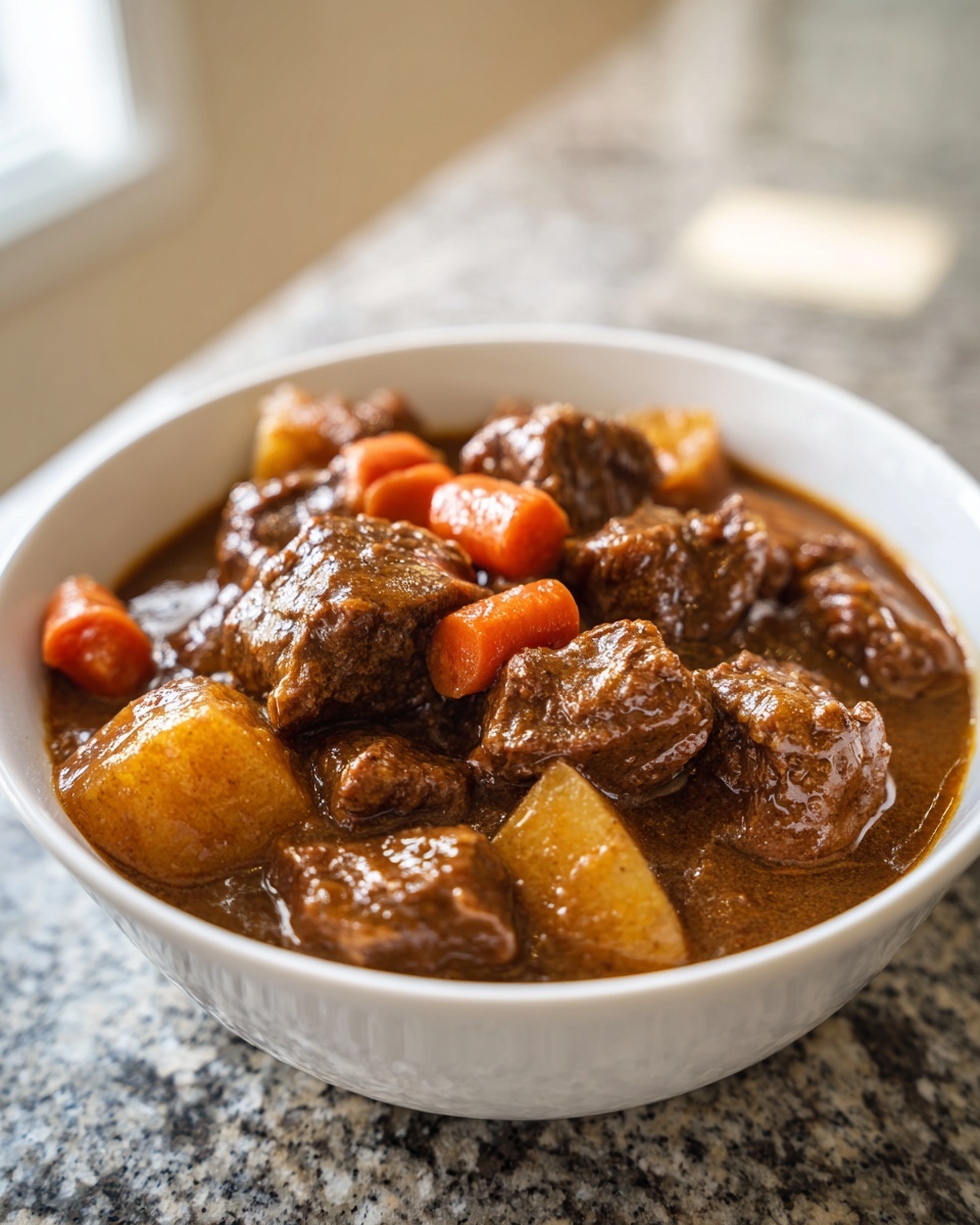 Close-up of a white bowl filled with rich, dark beef stew chunks, potatoes, and carrots.