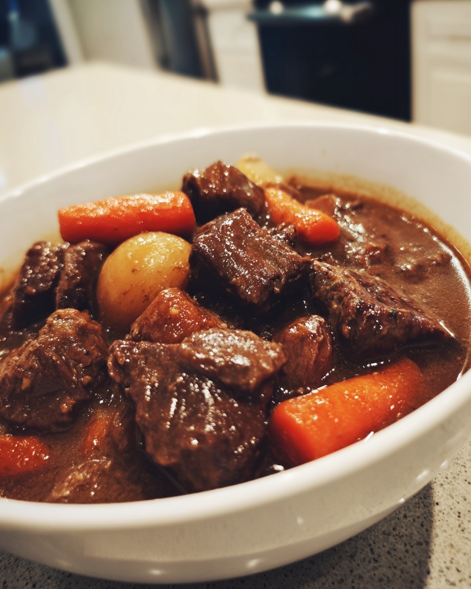 Close-up of a white bowl filled with rich, dark beef stew chunks, carrots, and potatoes.