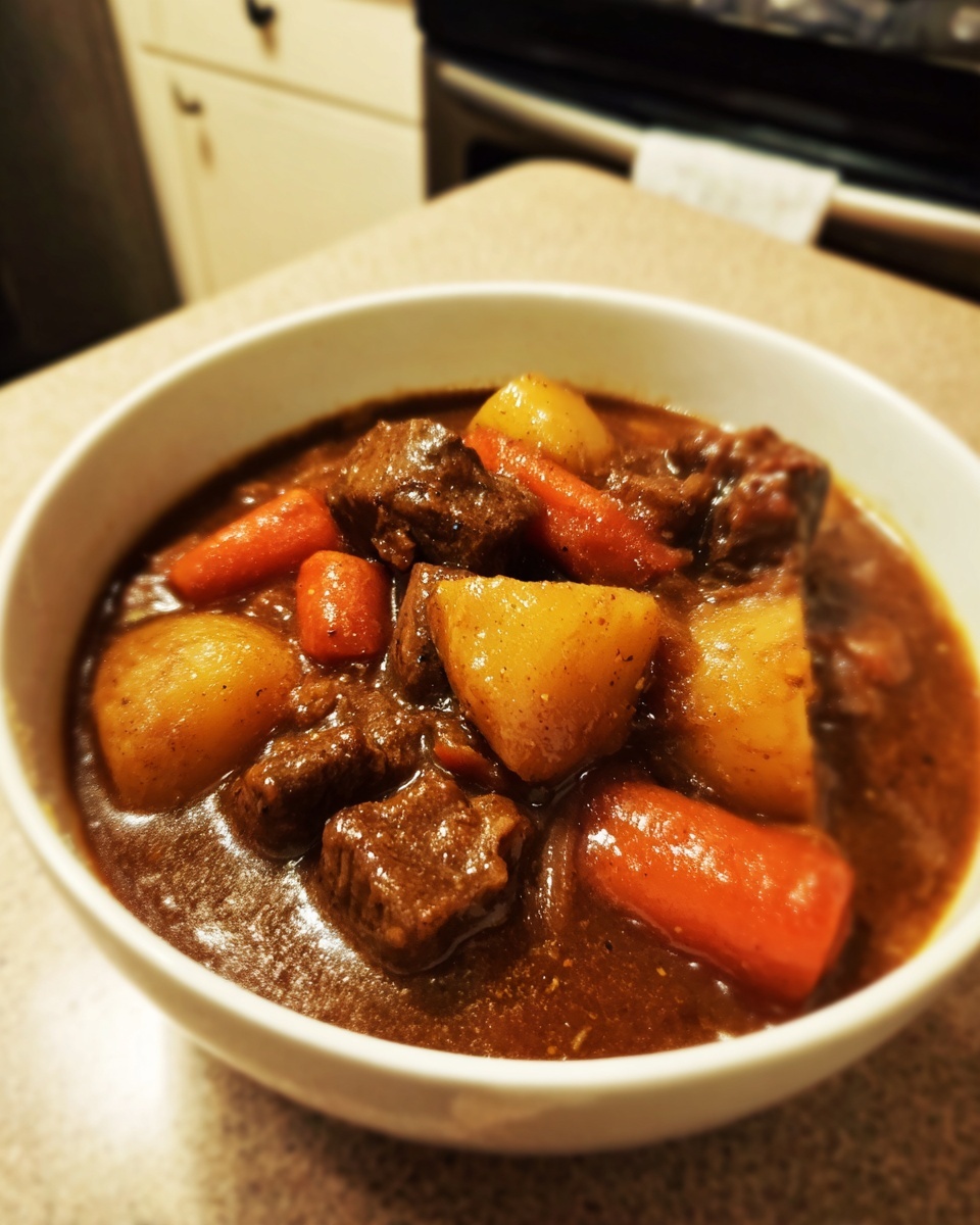 Close-up of a white bowl filled with rich, dark brown beef stew chunks, potatoes, and carrots.