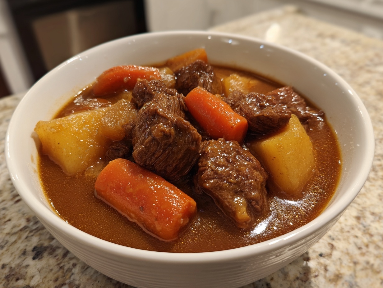 Close-up of a white bowl filled with rich, savory beef stew chunks, carrots, and potatoes.