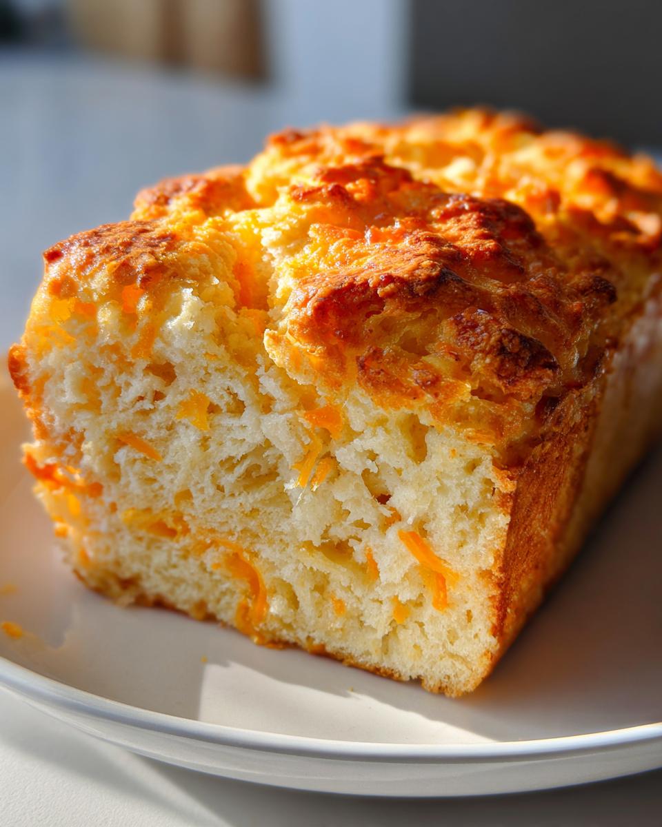 A cross-section of a golden-brown loaf of amazing 10 minute cheese bread showing melted cheese throughout the fluffy interior.
