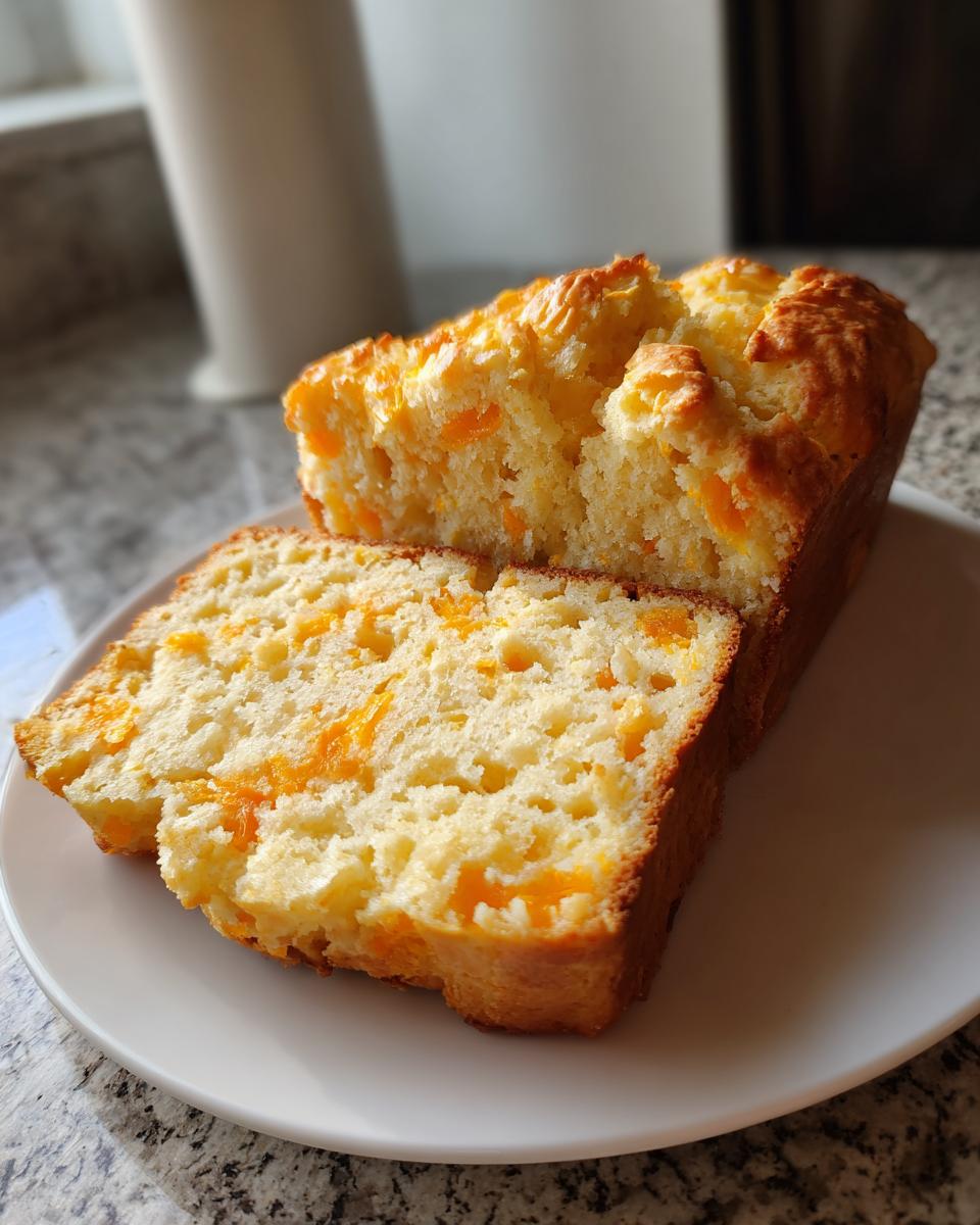 A slice of freshly baked cheese bread showing melted orange cheddar pieces inside a light loaf.