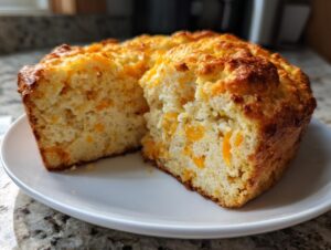 A freshly baked loaf of amazing 10 minute cheese bread, sliced to show the soft interior filled with melted cheddar.