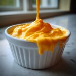 Close-up of thick, vibrant orange cheese sauce being poured into a white ramekin, overflowing slightly.