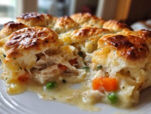 A close-up showing the creamy filling and flaky biscuit topping of a delicious pot pie.