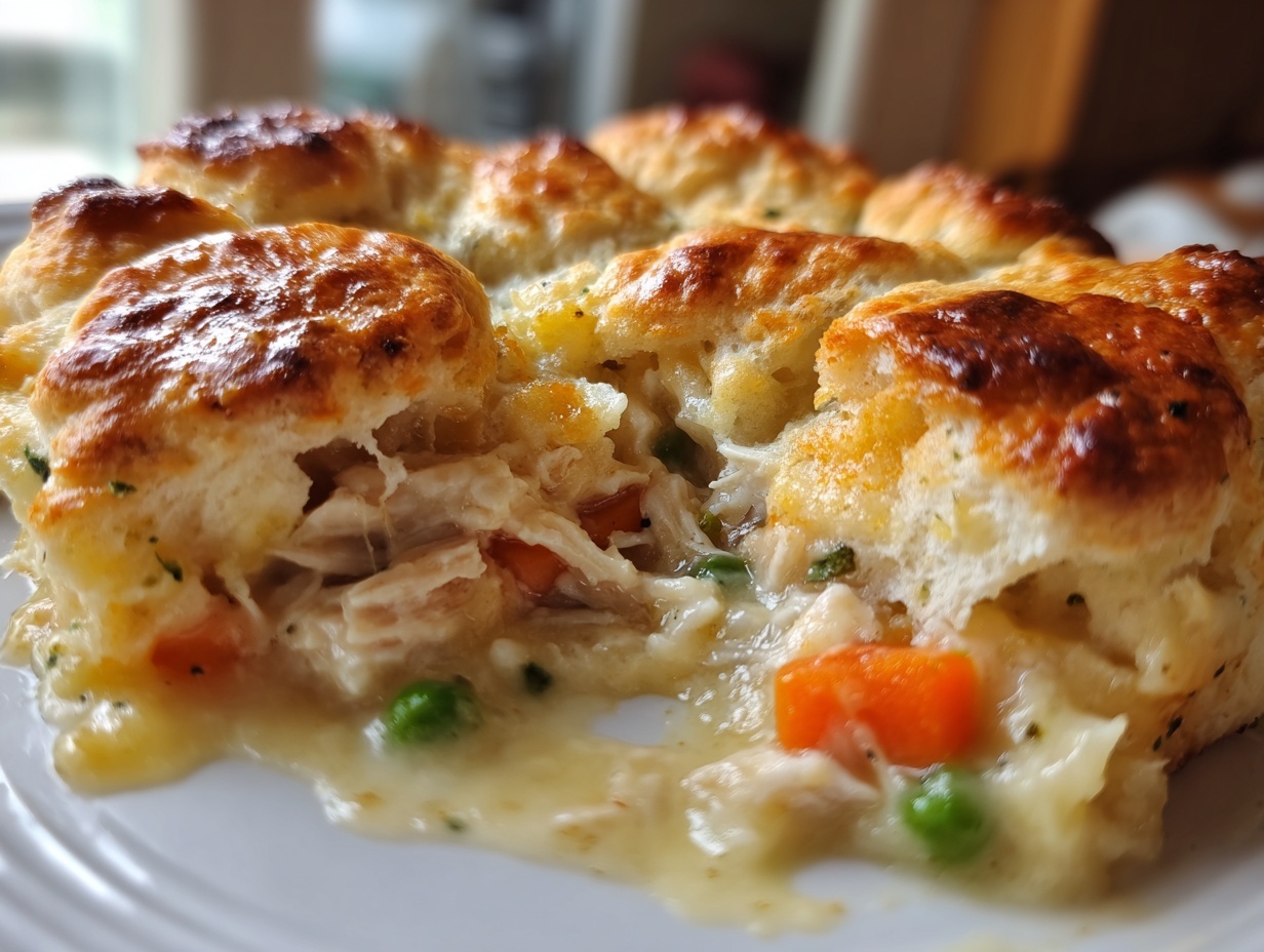 A close-up showing the creamy filling and flaky biscuit topping of a delicious pot pie.