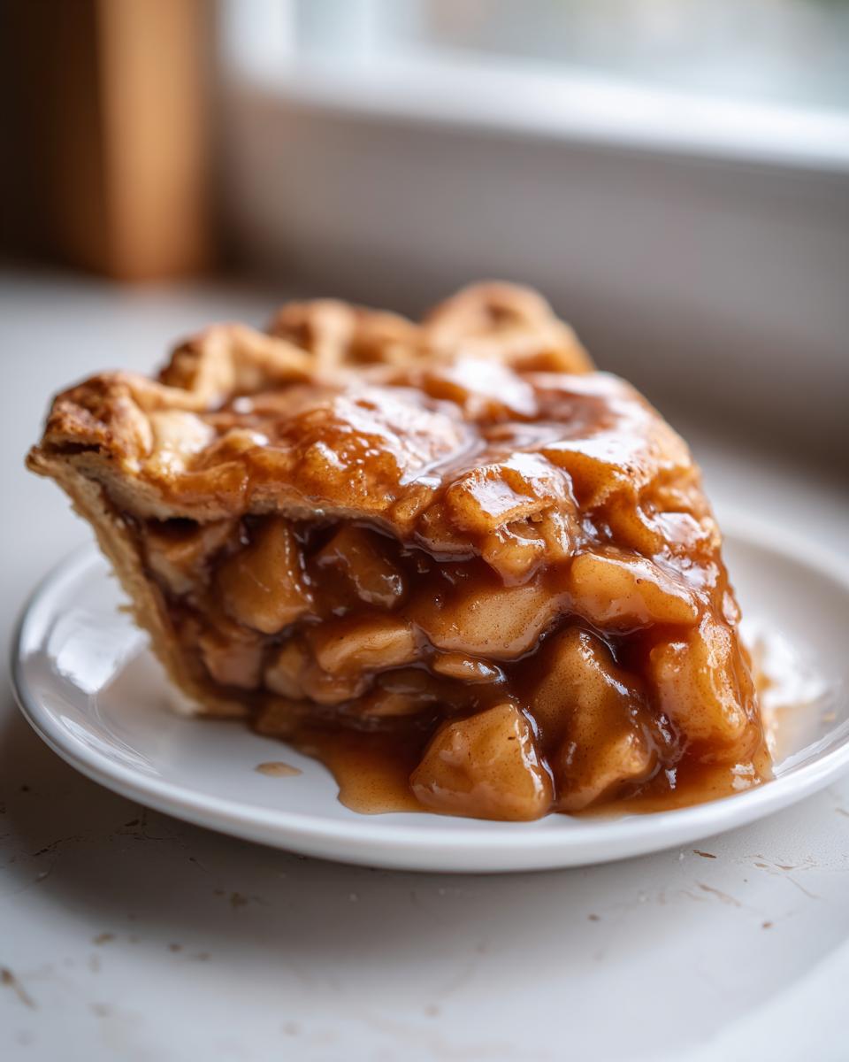Close-up of a slice of pie showing thick, gooey apple pie filling with chunks of apple.