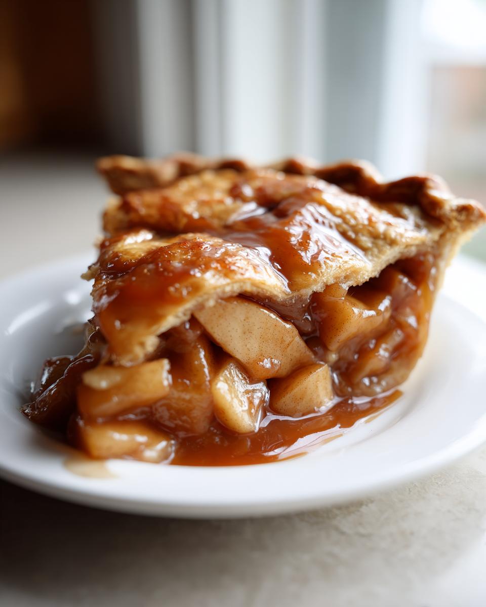 Close-up of a slice of pie showing thick, glossy apple pie filling with cinnamon spices.