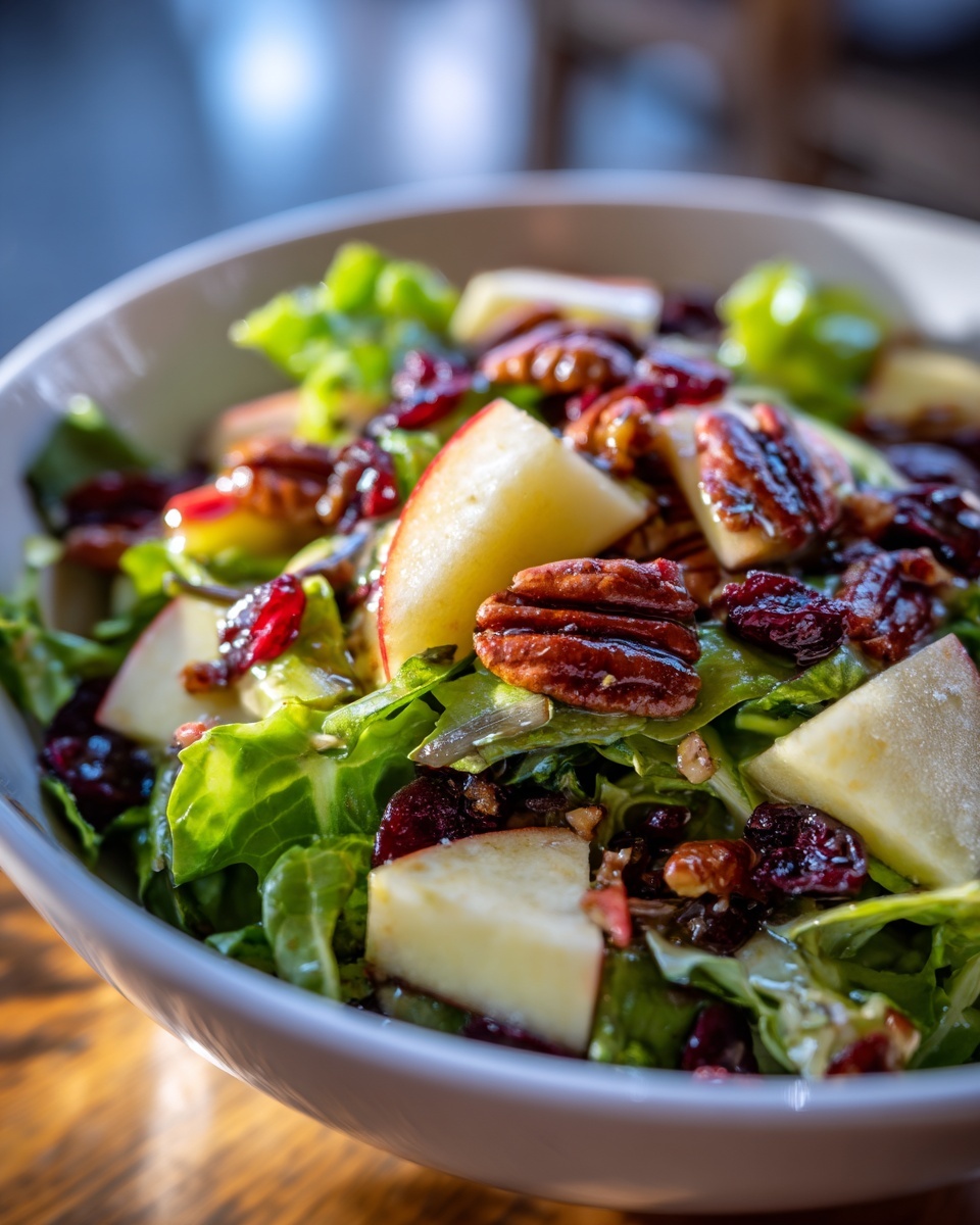 Close-up of a vibrant apple salad featuring crisp lettuce, apple wedges, candied pecans, and dried cranberries.