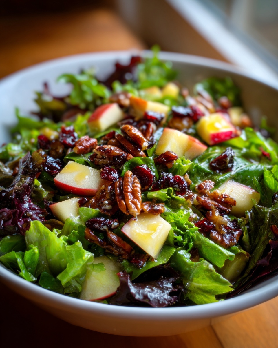 A vibrant bowl of apple salad featuring crisp lettuce, diced red apples, candied pecans, and dried cranberries.