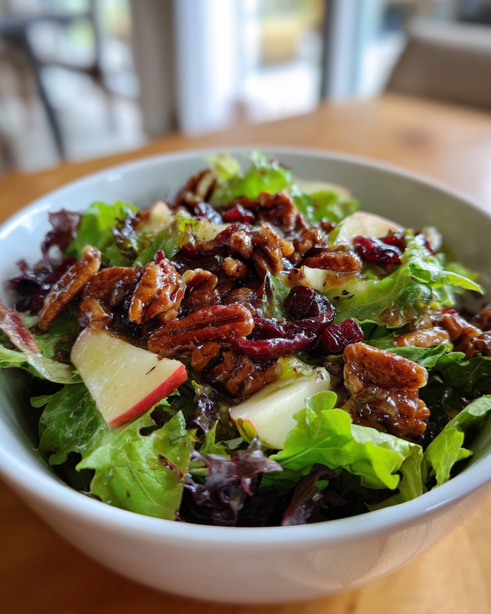 Close-up of a vibrant apple salad featuring mixed greens, candied pecans, dried cranberries, and crisp apple slices.