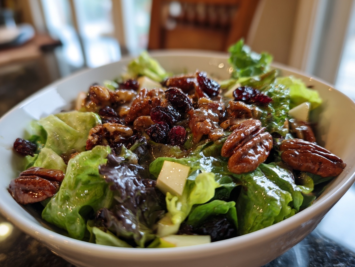 A close-up view of a vibrant apple salad featuring mixed greens, candied pecans, dried cranberries, and visible apple chunks.