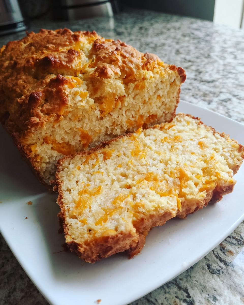 A loaf of golden brown cheese bread, partially sliced, showing melted cheddar pieces inside.