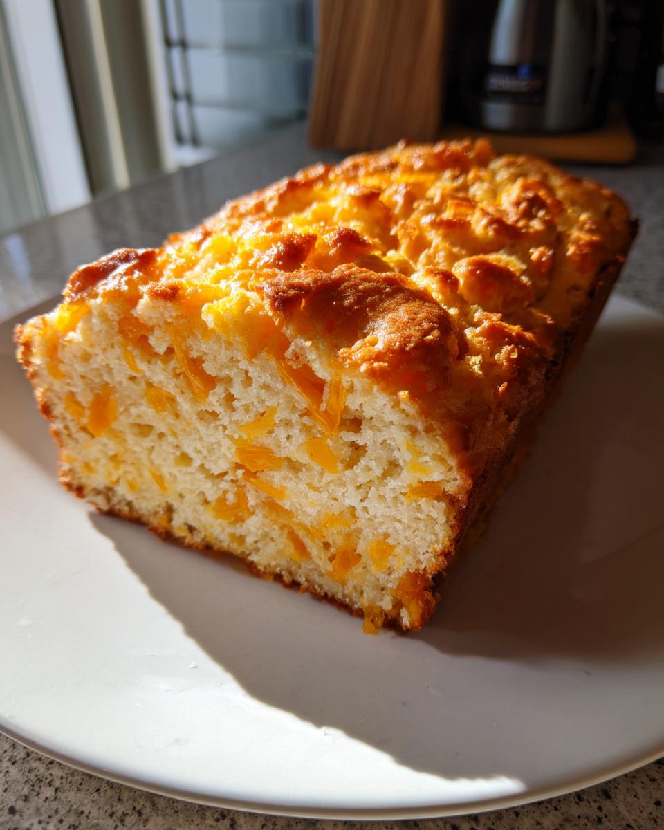 A golden-brown loaf of freshly baked cheese bread, sliced to show melted cheddar cheese throughout the crumb.
