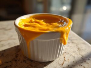Close-up of a vibrant orange cheese sauce overflowing and dripping down the side of a white ramekin.