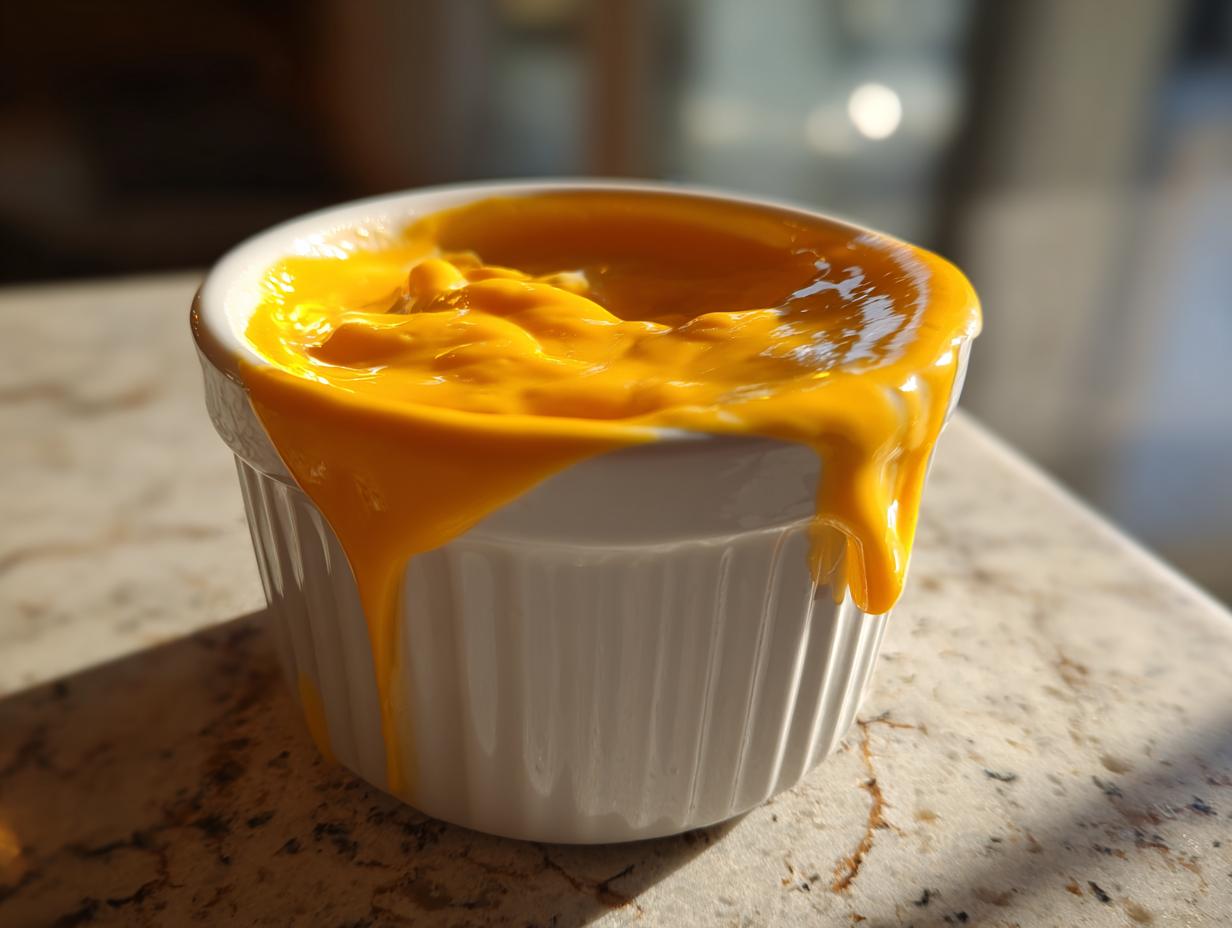 Close-up of a vibrant orange cheese sauce overflowing and dripping down the side of a white ramekin.