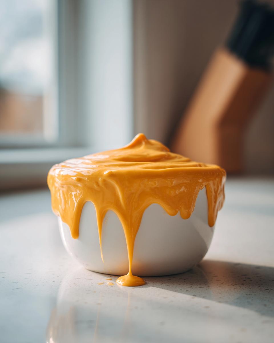 Close-up of a thick, bright orange cheese sauce overflowing and dripping down the sides of a small white bowl.