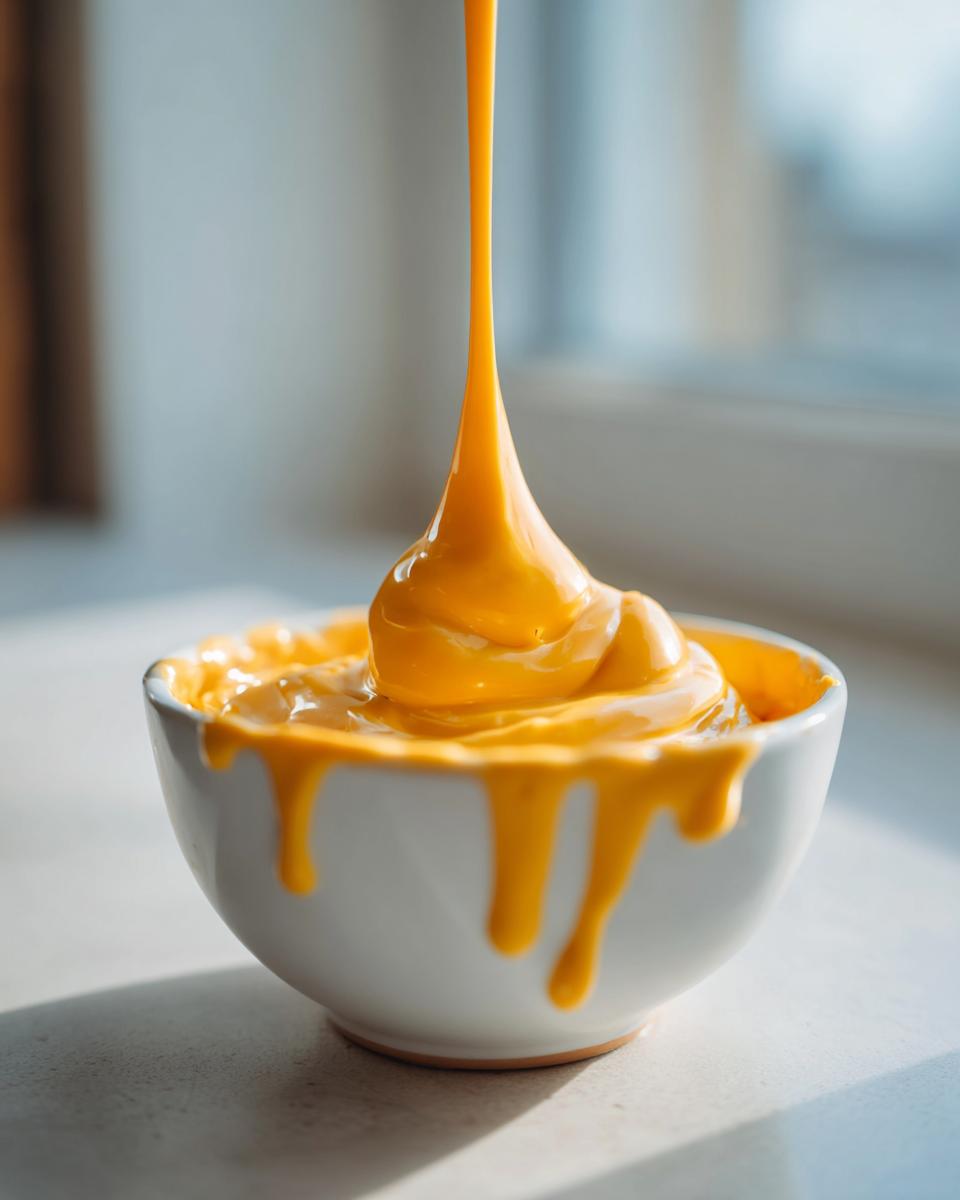 Close-up of thick, bright orange cheese sauce being poured into a small white bowl, dripping down the sides.