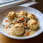 A white bowl filled with rich chicken and dumpling stew, featuring shredded chicken, carrots, and fluffy biscuits.