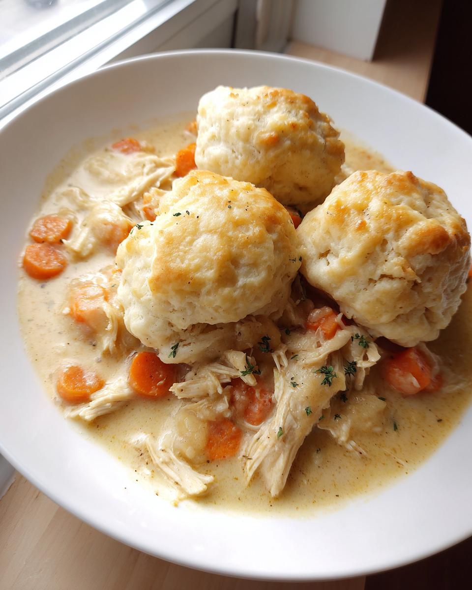 A close-up of creamy chicken and dumpling stew topped with three fluffy biscuits, featuring shredded chicken and sliced carrots.