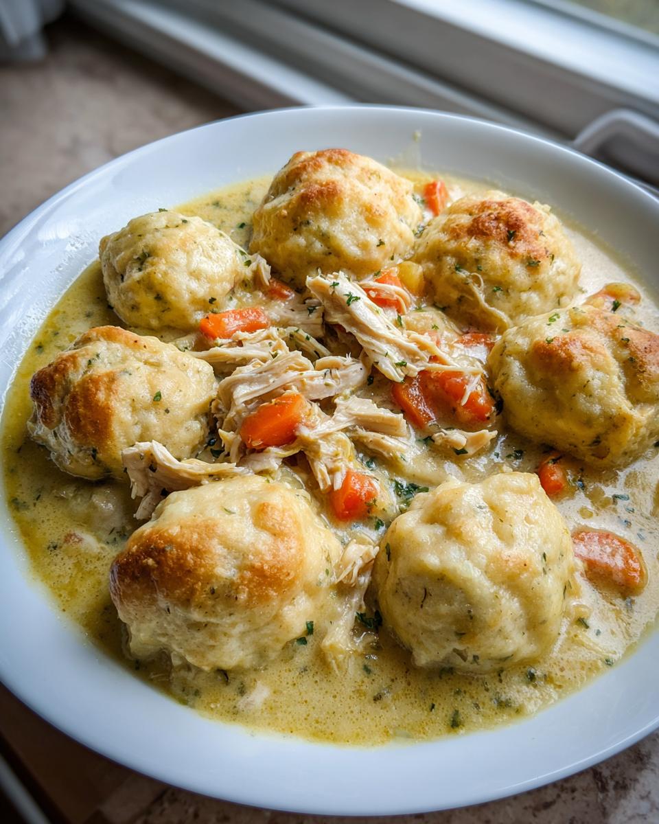 Close-up of a bowl of creamy chicken and dumpling stew featuring shredded chicken, carrots, and fluffy dumplings.