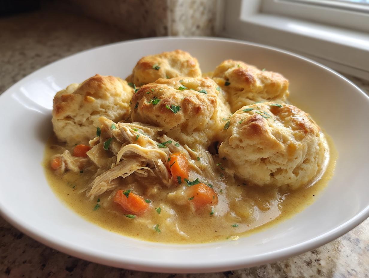 A bowl of amazing chicken and dumpling featuring shredded chicken, carrots, and fluffy biscuits in a creamy sauce.