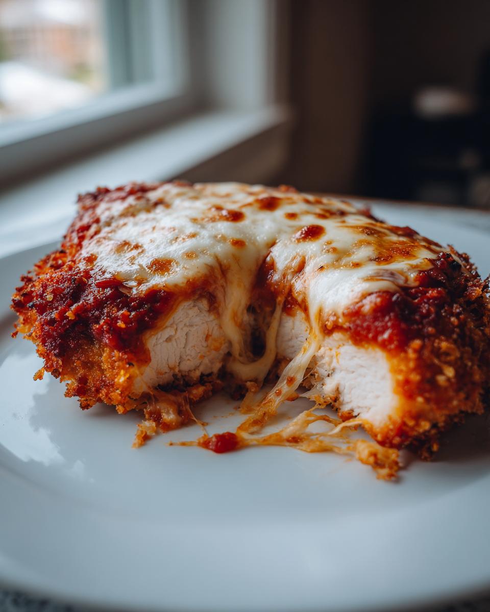 Close-up of a juicy chicken parmesan recipe cut open showing melted, stringy mozzarella cheese.