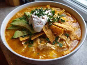 Close-up of amazing chicken tortilla soup topped with avocado, sour cream, and tortilla strips.