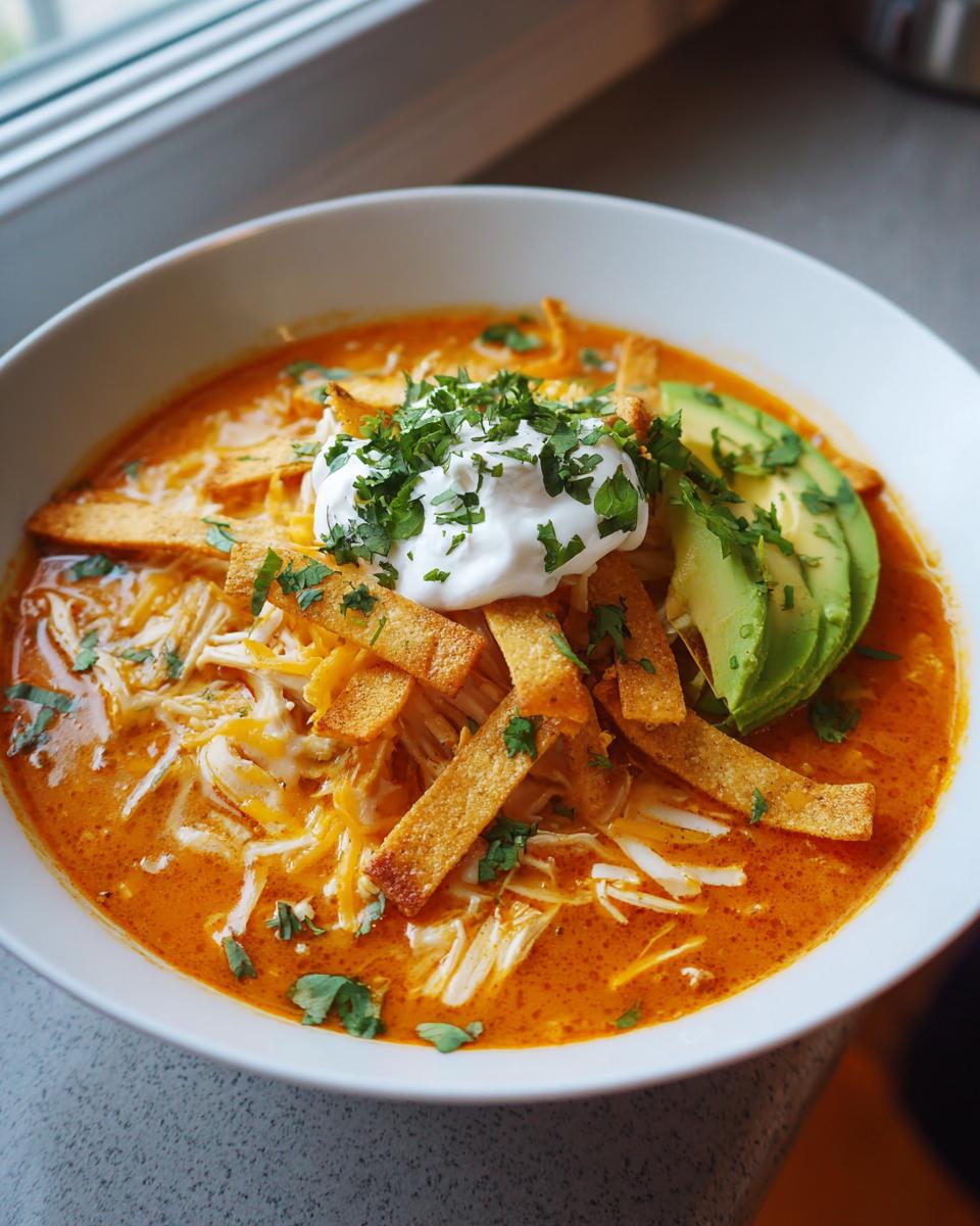 A close-up of a bowl of amazing chicken tortilla soup topped with sour cream, avocado, cheese, and tortilla strips.