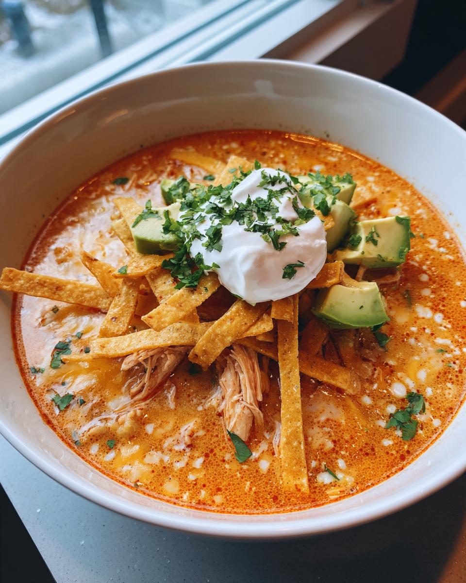 A close-up bowl of amazing chicken tortilla soup, rich orange broth, topped with tortilla strips, avocado, and sour cream.