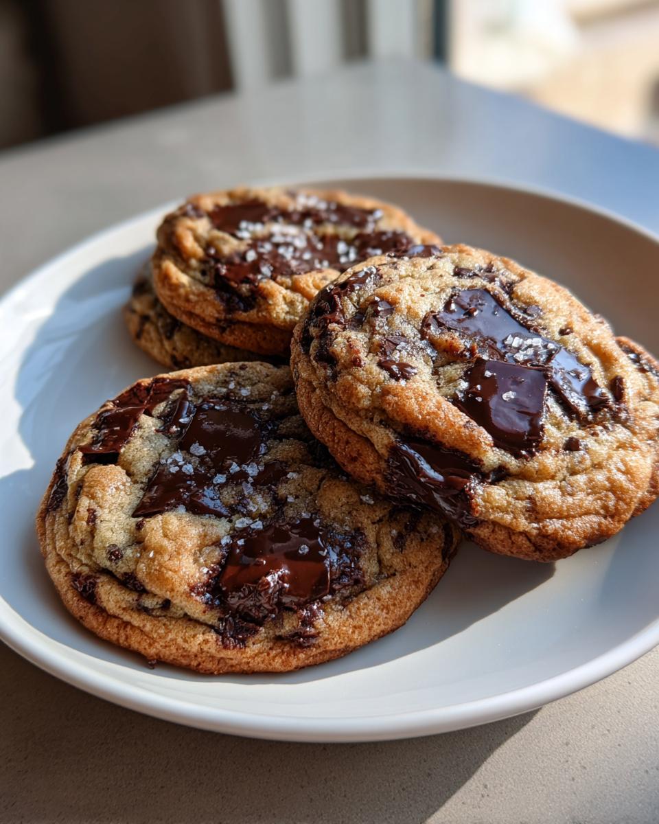 Close-up of three freshly baked chocolate chip cookie treats topped with melted chocolate and flaky sea salt.